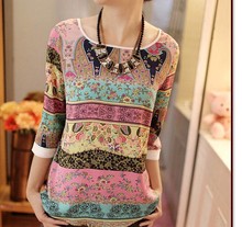 New 2015 Summer Women Korean Chiffon Print Lace Three Quarter Puff Sleeve O neck Loose Tee