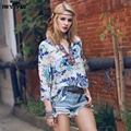 FROMMAZZ 2016 Summer New Women Lady Fashion Causal V Neck Print Floral Ethnic Loose Chiffon Pullover