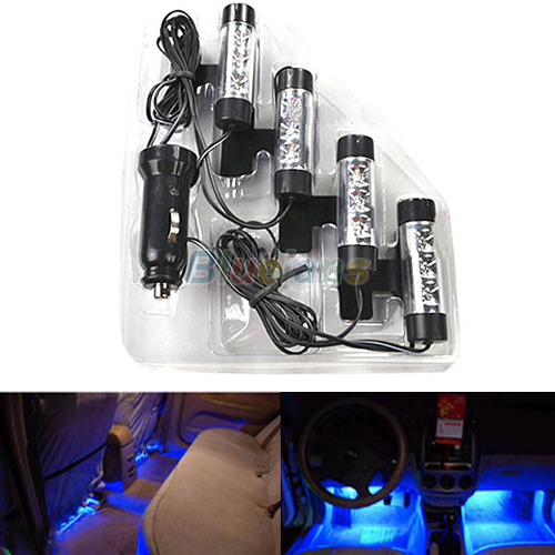 4x 3LED Car Charge 12V Glow Interior Decorative 4in1 Atmosphere Light Lamp Blue 1E68