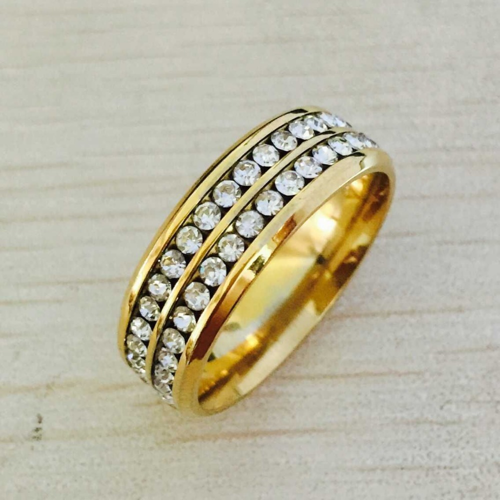 Luxury brand quality jewelry wide 8mm double row rhinestone CZ diamond 18K yellow gold filled anniversary