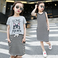 2016 Summer Girls Clothes Sets Cotton Short striped long sleveless dress sets Girls Summer dress Set