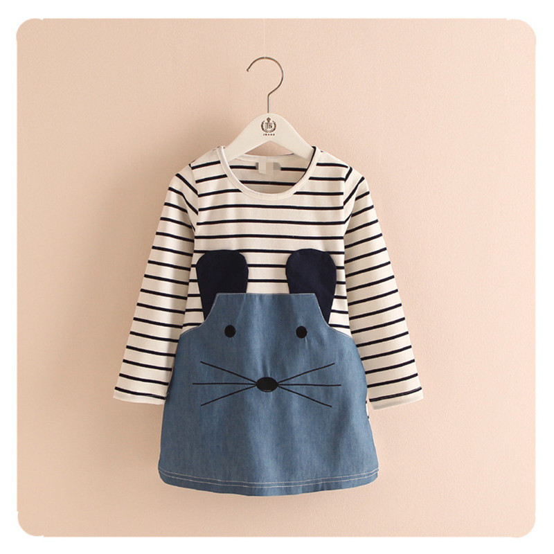 Retail 2 7Y Spring And Autumn New Children Clothing Striped Patchwork Character Baby Girls Dress Denim