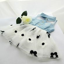 2016 Girls Summer denim Korean flower waist dress girl peter pan collor dress kids clothing for sale