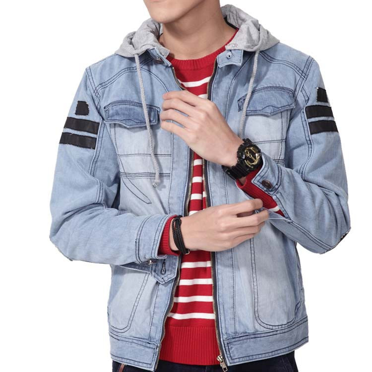 Vintage Mens Jean Jacket Hood Outwear Coat Cotton Casual Denim Jacket Men Jeans Jacket Zipper Fly