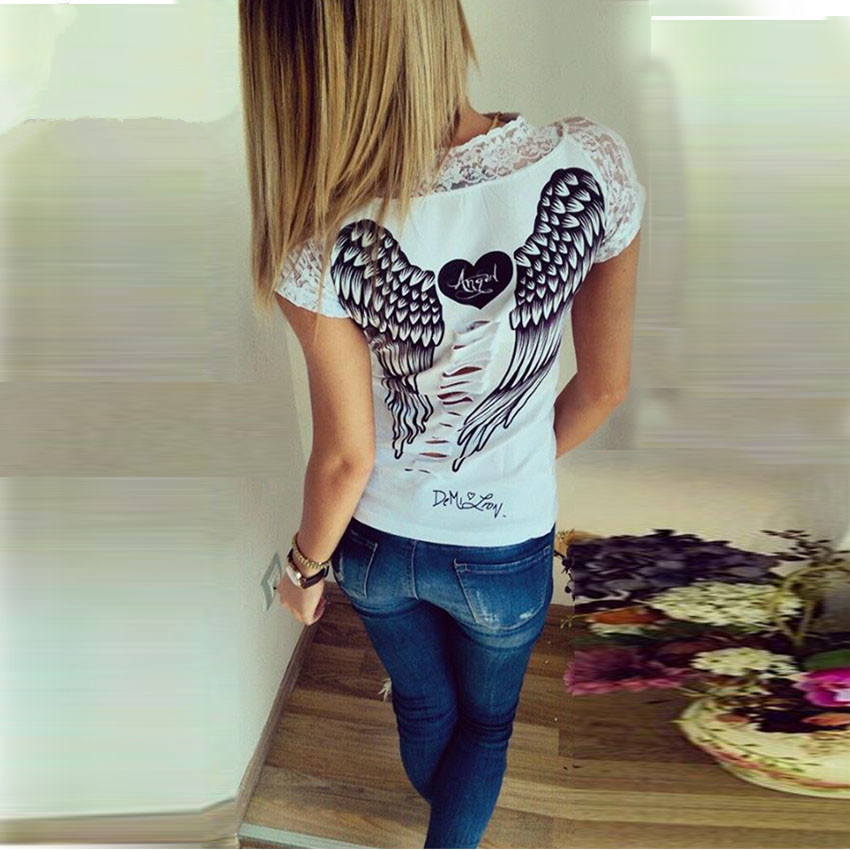 Fashion Women's T shirt Back Hollow Angel Wings  T-shirt Tops Summer Style Woman Lace Short Sleeve Tops T shirts Clothing