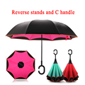 Reverse stands Pongee women umbrella with C handle Non automatic long handle sunny and rainy umbrella