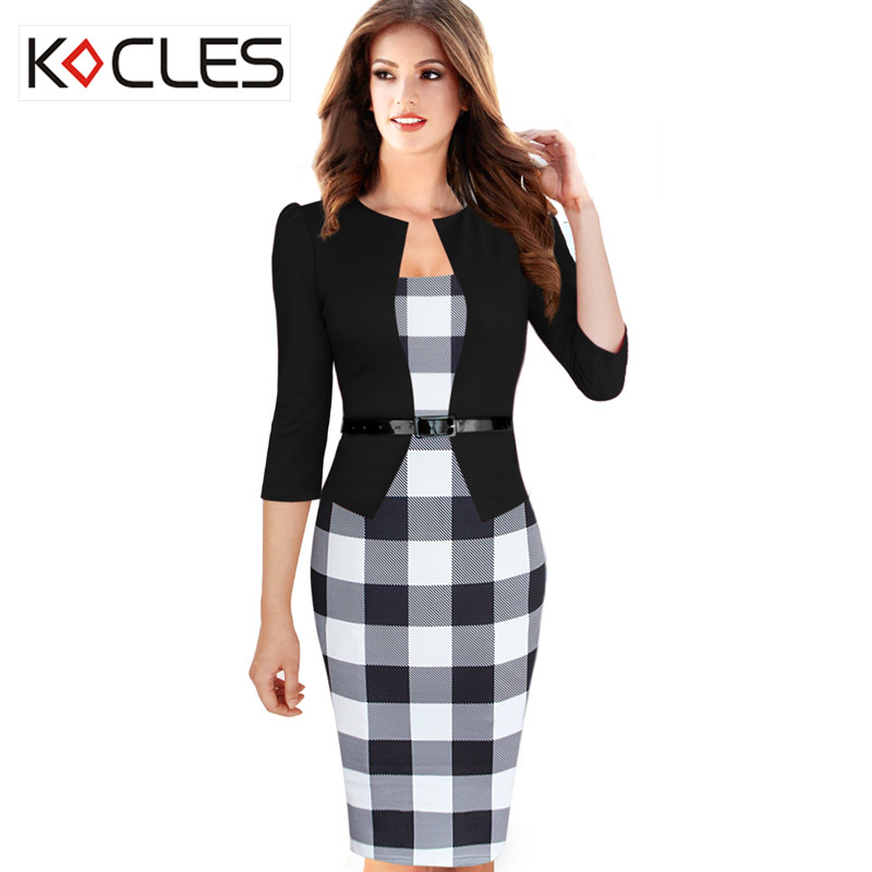 Women Elegant Faux Twinset font b Tartan b font Floral Polka Dot Patchwork Belted 3 4