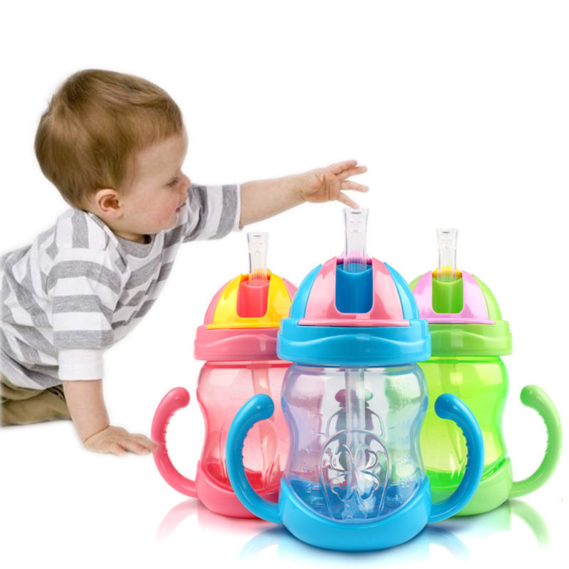 Hot 240ml Cute Baby Kid Cup Handle Children Learn Drinking Water Straw Bottle Sippy Training Cup