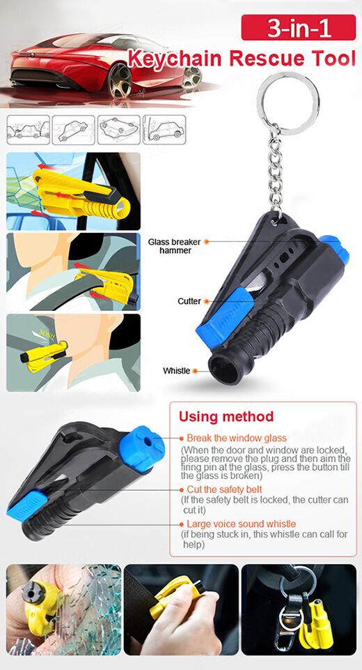 Multifunction 3 - in - 1 Emergency Car Safety Hammer + Belt Cutter + Whistle Keychain Emergency Tool