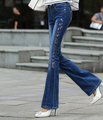 New arrival spring autumn embroidery flare women pants fashion plus size denim jeans casual trousers slim