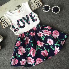 2016 Summer Kids Baby Girls Outfits Casual Tank Tops + Floral Skirt Dress Clothing Set 2-7Years Roupas Infantis