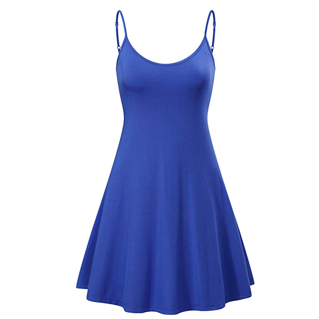 Ladies Sexy Sleeveless Mini Solid Color Beach Casual Dresses Vintage 