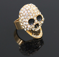 Gold Metal Skull Punk Ring Devil Skeleton with White Rhinestone Black Enamel Party Jewelry