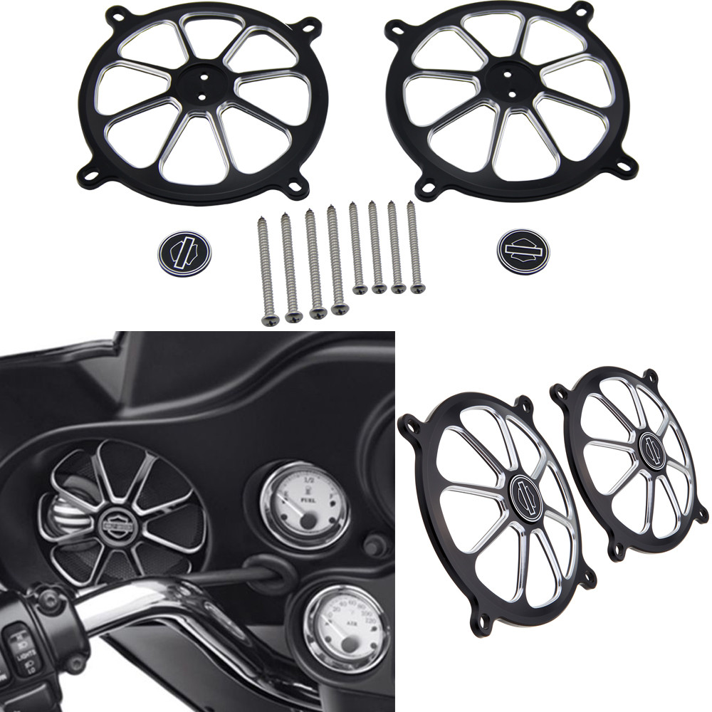 Black-CNC-Audio-Fairing-Mount-Speaker-Grill-Cover-For-Harley-Touring-Glide-Trike