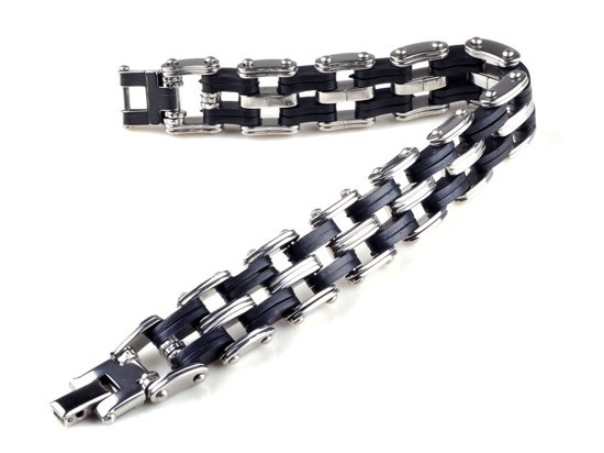 2014 NEW PUNK Men Black Rubber Bangle silver stainless steel bracelets link cuff wristband Hot