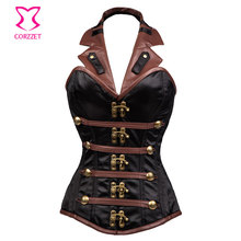 Black Satin&Brown Leather Halter Collar Military Corset Steampunk Clothing Women Plus Size Burlesque Costumes Steel Boned Corset