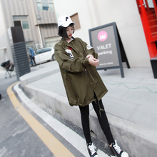 Army Green Badge Fashion Loose Drawstring Long Sections Windbreaker Coat Spring Models 2016 New Trech Coat Women Hipster