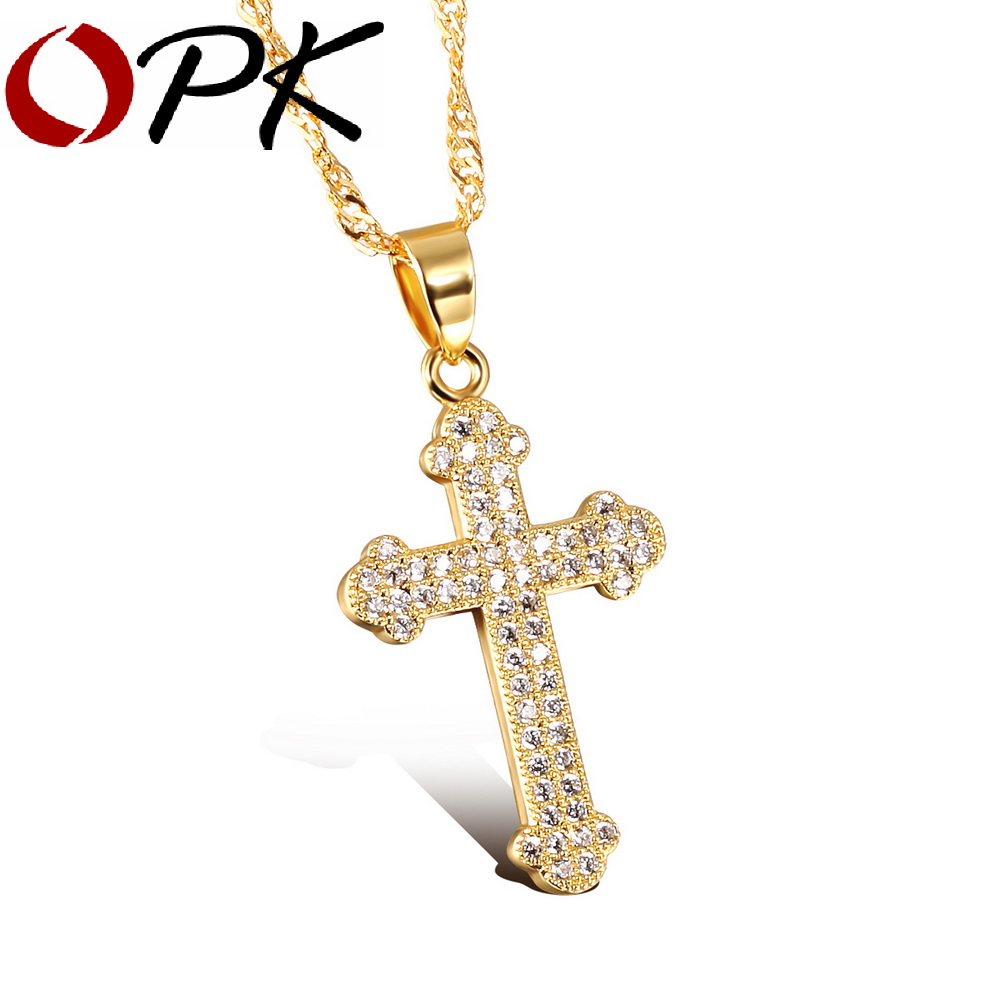 OPK AAA Cubic Zirconia Cross Woman Necklaces Vintage 18K Gold Plated Women Religious Jewelry Pendant Free
