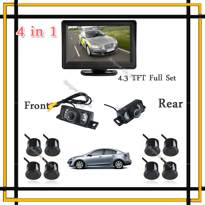 4 In 1 Parking System 4.3' TFT LCD Car Monitor Reverse Radar sensor 8 Alarm with Front Camera infrared Rear view Camera Assist