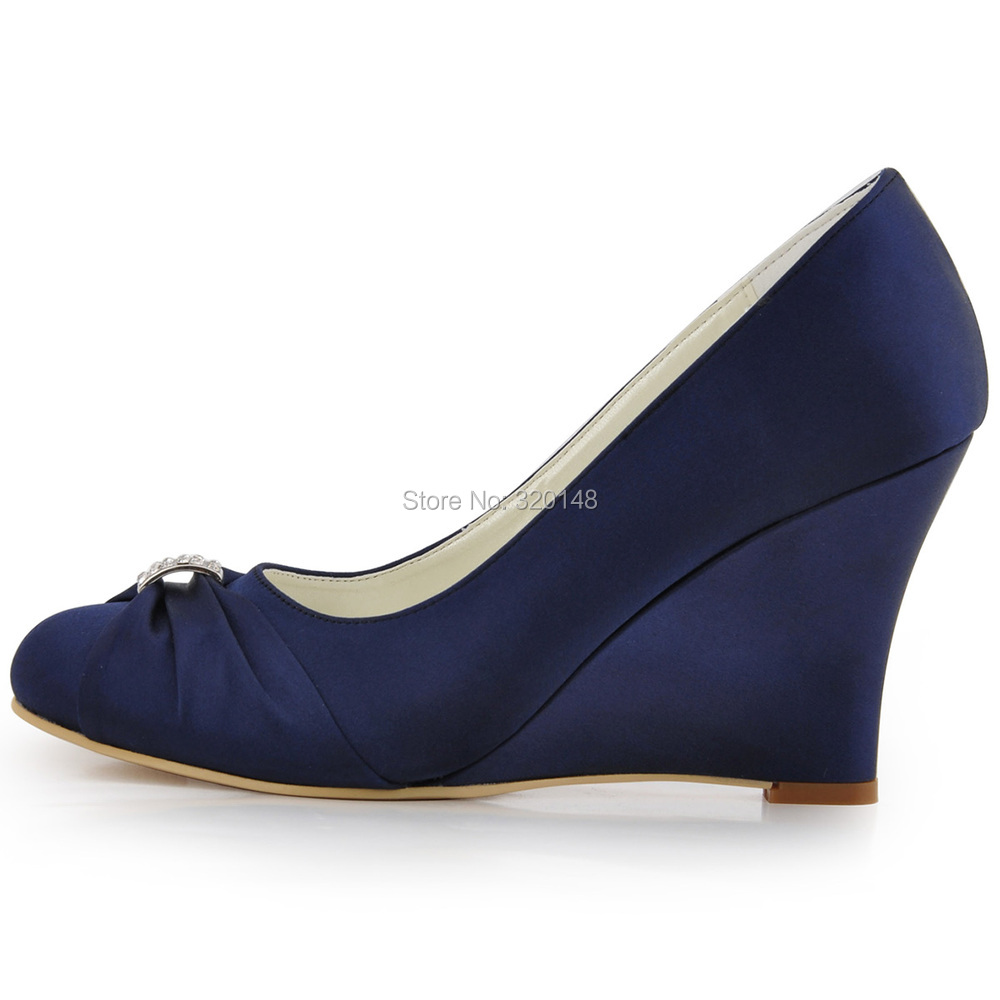 EP2005 Elegantpark Women Wedges Navy Blue Satin High Heel