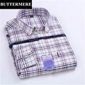 BUTTERMERE Brand Clothing Plaid Shirts Men Fashion Design Long Sleeve Slim Fit Casual Shirts Oxford Fabric