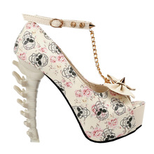LF80631 Beige Skull Rose Print Studs Chain Peeptoe Bone Heel Pumps Size 4/5/6/7/8/9/10
