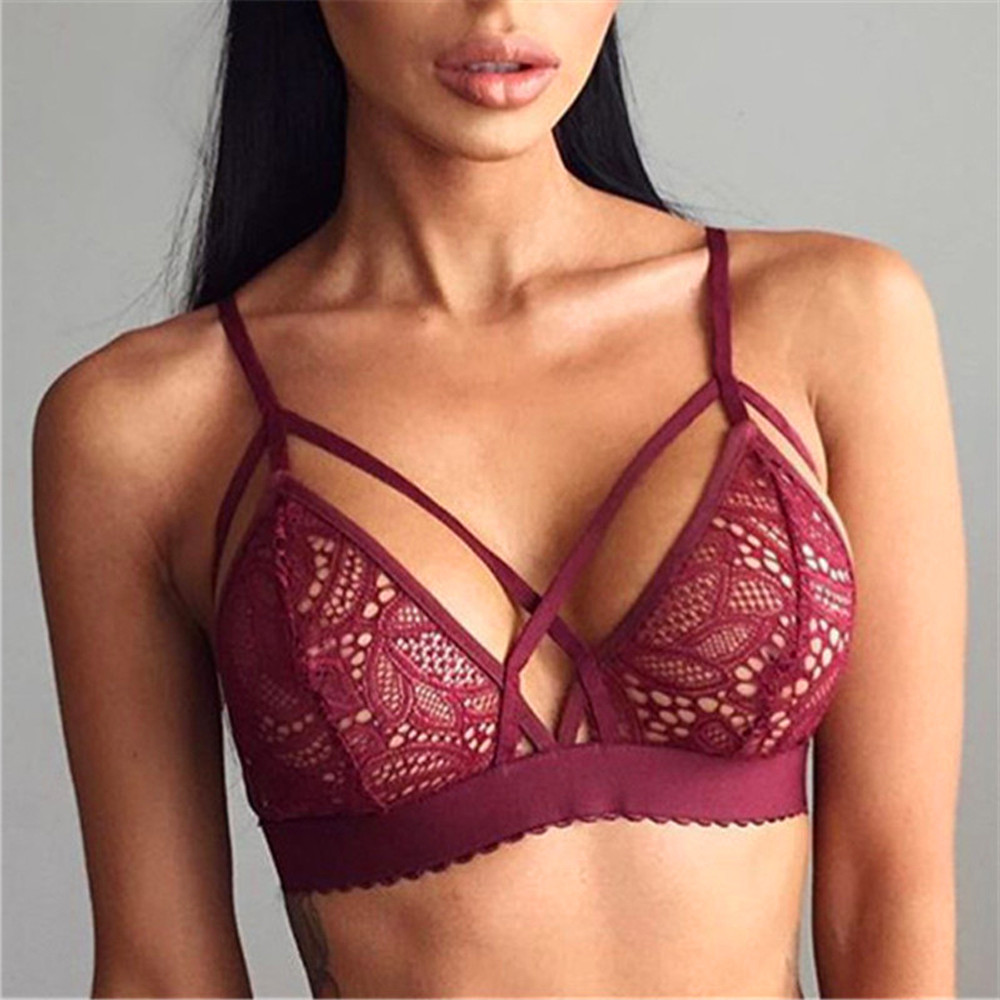 Women Lace Wire-Free Unlined Bra Sheer Mesh Floral Hollow Out Triangle  Bralette