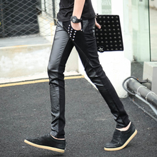 Korean stylish Black leather jeans men Tight Patchwork 28 29 30 31 32 33 34 Rock trouser