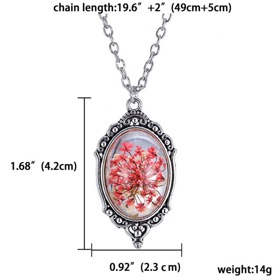 Women Glass Necklace Vintage Crystal Mirror Shape Natural Real Dried Red Flower Pendant Necklace Jewelry Trinket Travel Souvenir (10)