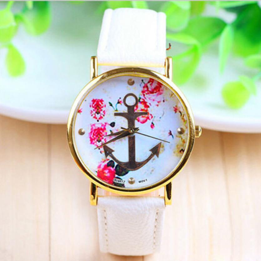 Hot sale Women s Fashion Leather Floral Printed Anchor Quartz Dress Wrist Watch