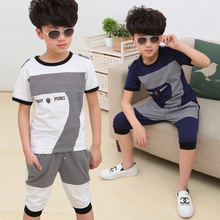 2016 Summer Fashion Children Short Sleeve T Shirts Suit Teen Boys Casual Sports Clothes Set Plaid Kids Pullover Garment Sets