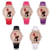 Watches ladies rose gold leather strap crystal rhinestones cute cat fashion casual designer purple women clock