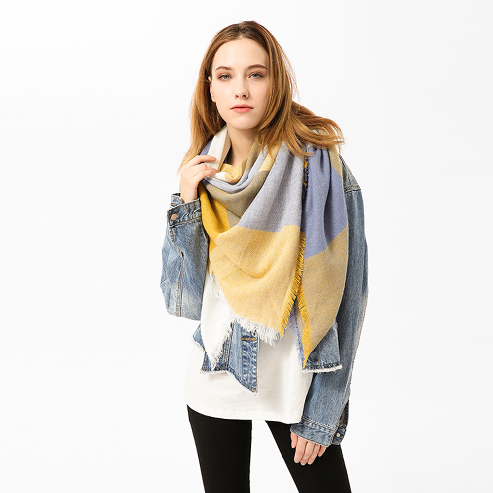 omen Color Stitching Long Wool Shawl Plaid S