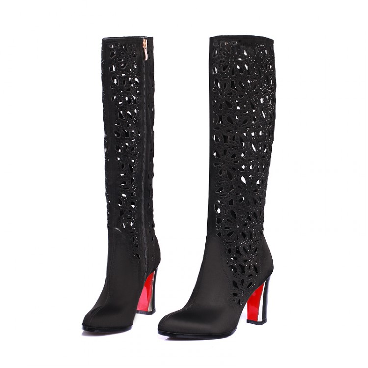 Black Flowers Hollow Diamond Thick High-heeled Boots Female 2015