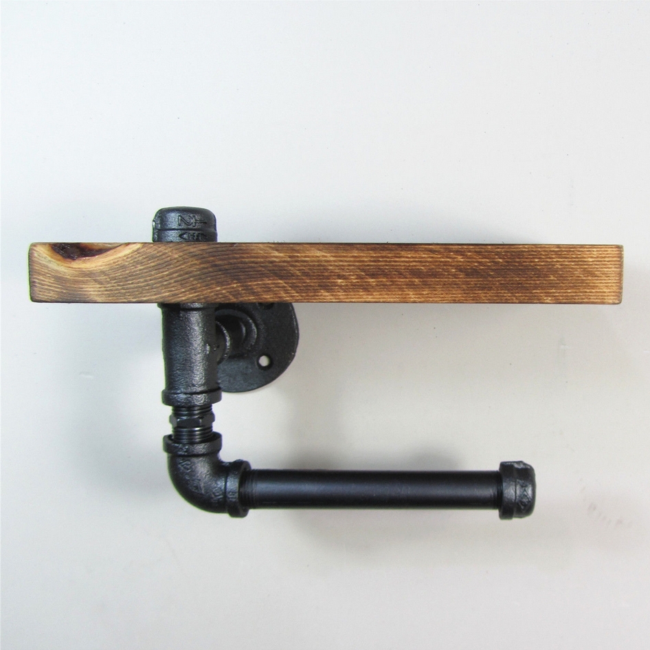 30*15cm Industrial Iron Pipe Wall Mounted Toilet Paper Holder Kitchen Towel Rack Roll Paper Tissue Holder with Wood Shelf J011
