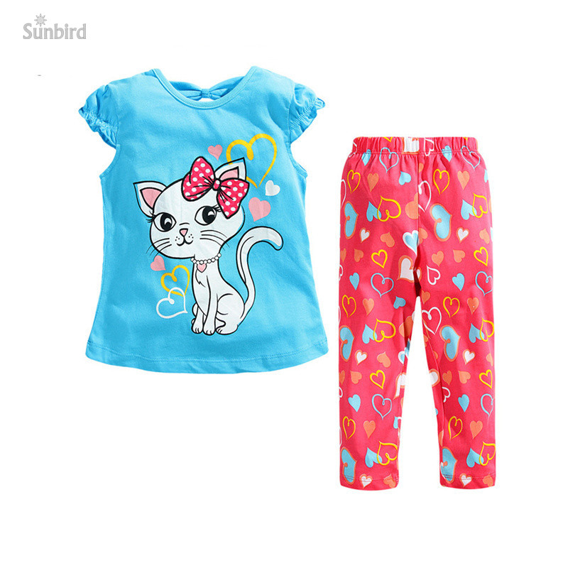 JTS213, cat, 6sets/lot, summer children girls clothing sets, short sleeve T shirts sets for 1-6 year, 100% cotton