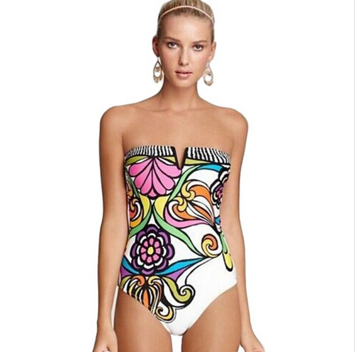 2015 Floral Bandeau Women Swimwear Sexy Lady Printed Deep V One Piece Swimsuit Push Up Retro