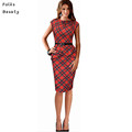 2016 Work Dresses for Women Vintage Elegant Belted Tartan Peplum Ruched Tunic Wear to Work Office