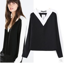 2016 NEW Fashion ZA black and white Patchwork long sleeved V-Neck shirt blouse COOL neutral Women Tops