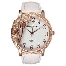 2015 nueva caliente venta muchacha de señora Women Beaut hoja Crystal White Dial PU banda de cuero reloj del cuarzo regalo joyería moda