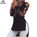 2016 Hollow Cut Out Sleeve Deep V neck Sexy Women T Shirts Short Front And Long