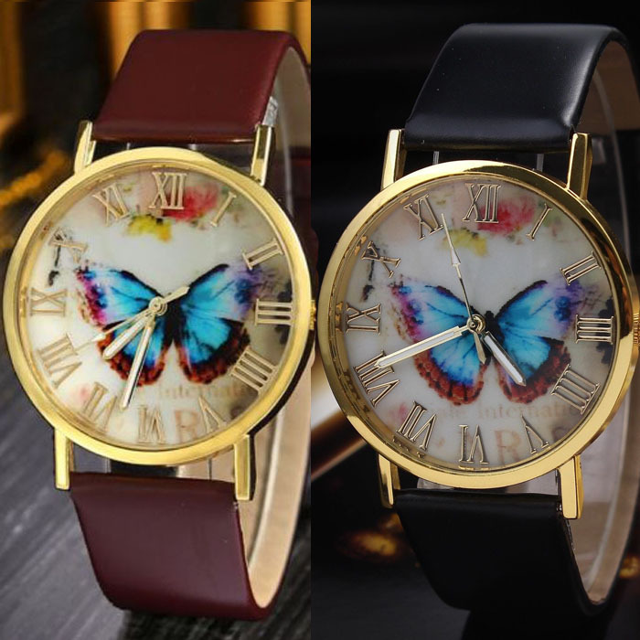 Mance Hot Sale 3Color Fashion Butterfly Leather Band Clock Analog Quartz Watch Wrist Watch Women Men