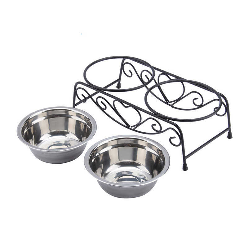 1Pcs Double Stainless Steel Bowls Dog Cat Pet Food Water Feeder Dish With Retro Iron Stand Pet Food Bowls For Dog