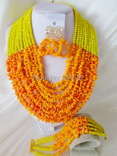 Lemon Yellow and Orange Party Nigerian Wedding African Coral  Beads Jewelry Set Free Shipping CPS3683