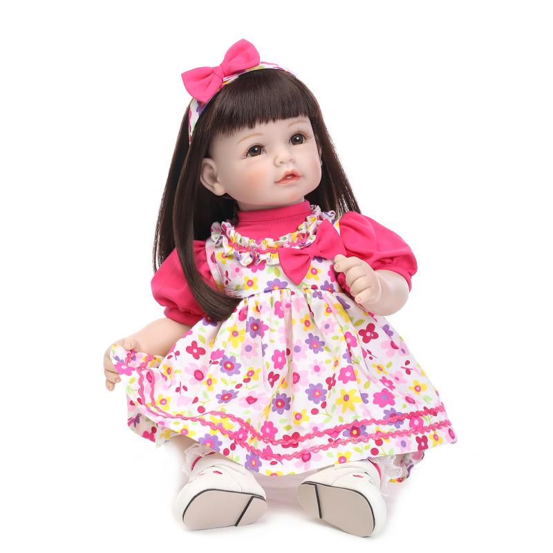 Children doll reborn toys 52CM lifeliek princess girl long brown hair pink dress play house toys for kids