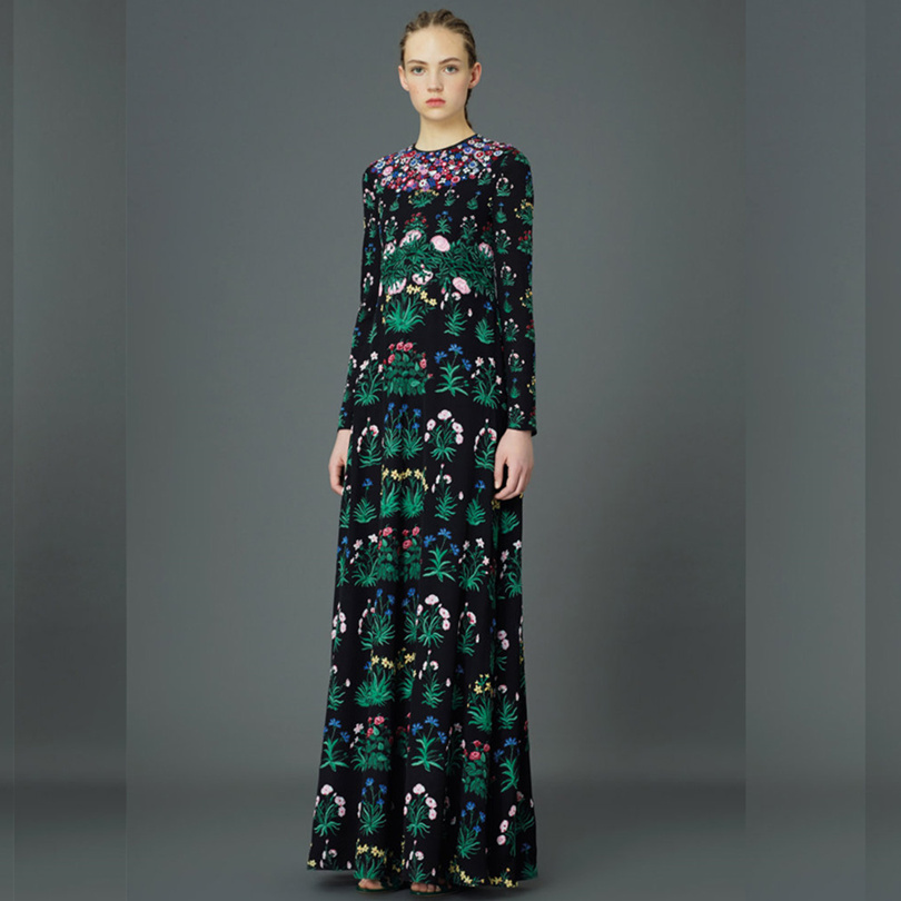 2015 Women runway fashion spring dress elegant flower embroidery long sleeve designer maxi dress casual beach dress 2015 D5000