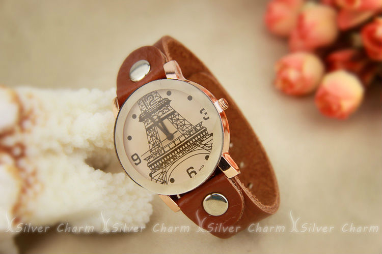 Newest Arrival Vintage Top Layer Leather Strap Watch Analog Quartz Eiffel Tower Women Men WristWatch PI0533