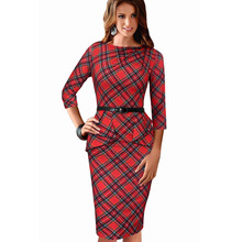 New Womens Dress Vintage Elegant Tartan Peplum Ruched Tunic Work Party Cap Sleeve Bodycon Sheath 006