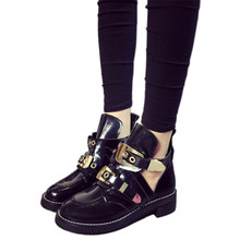 Spring 2016 Shoes Woman Patent Leather Punk Cut Out Buckle Boots Black Sexy Ankle Boots Coltrane Heels Leather Shoes Woman