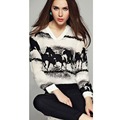 cheap clothes china women Polyester V Neck Chiffon Black Horse Animal Pattern Full Sleeve Fashion T